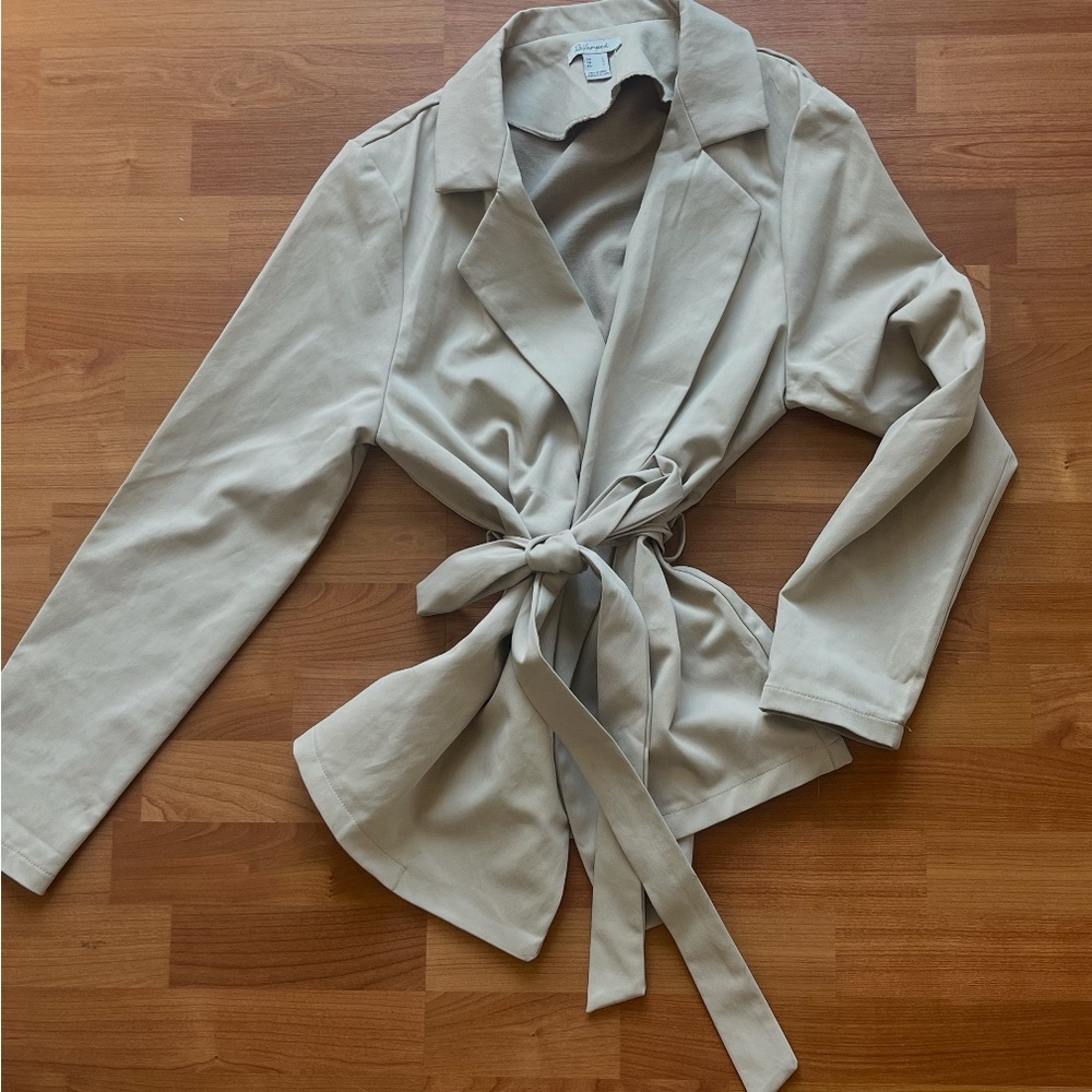 Revamped wrap blazer faux suede khaki jacket size large wrinkle resistant beige